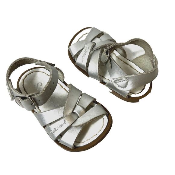 The Saltwater Sandal Hoyway Metallic Silver Leather Baby Girl Size 4 Casual Shoe - Picture 3 of 7